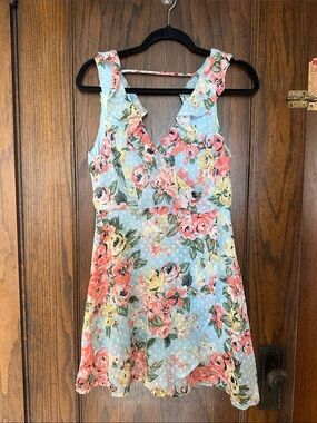 Floral Ruffle V-Neck Sundress in Light Blue
